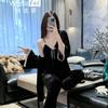 1011 autumn and winter new V-neck lace gold diamond fleece suspender trousers nightgown three-piece set girl style sweet loungewear