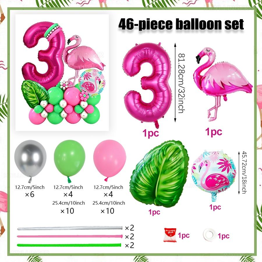 46pcs Flamingo Hawaii Theme Balloon Set Rose Red Digital Balloon 0-9 Leaf Balloon for Birthday Party Anniversary Decoration