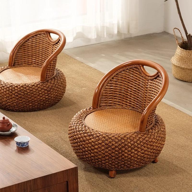 Rattan Weave round Accent Chair Comfort Floor Seat with Backrest Cozy Pouf Ottoman for Balcony Living Room