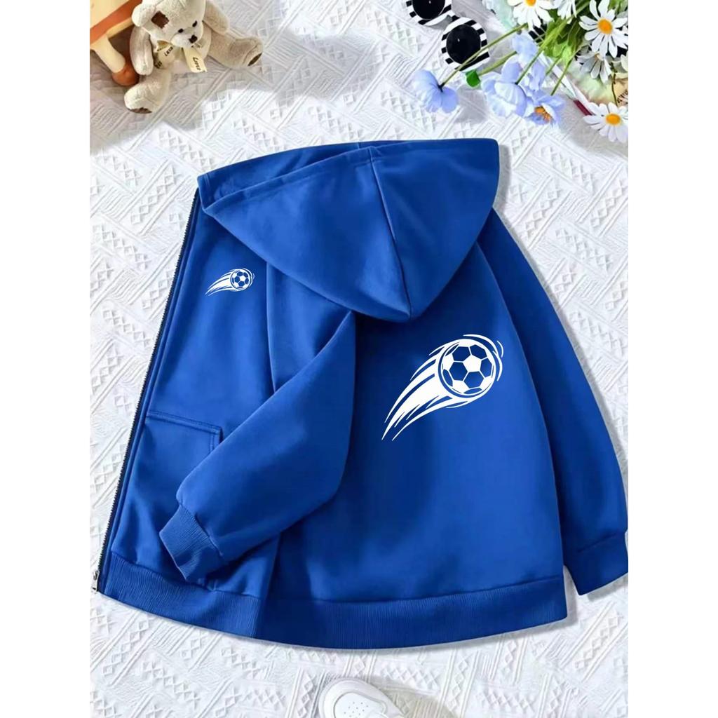 Bright Blue Zip Hoodie Side Mini Speed Soccer Print Back Large White Flying Football Graphic Sport Casual Outerwear