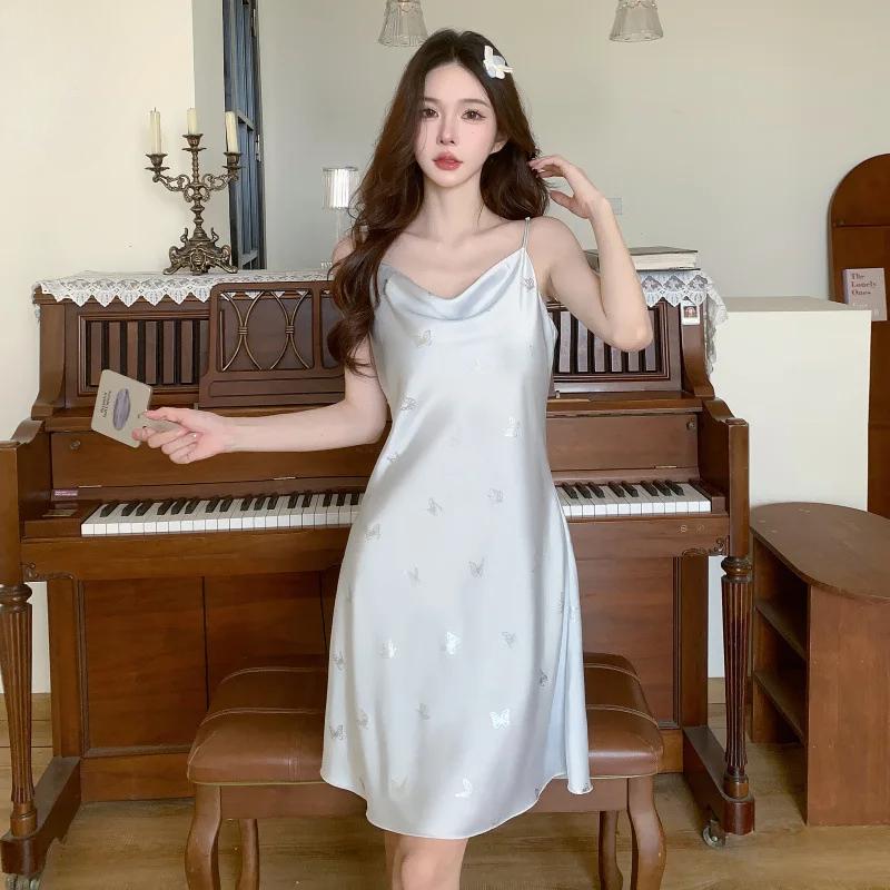 

Літня нічна сорочка з підтяжками з сріблястим метеликом і шовковим льодом для жінок, жіноча піжама в стилі Pure Lust XL синій