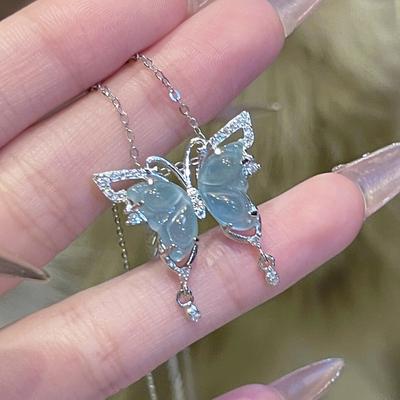 Titanium Steel Necklace New Chinese Light Green Butterfly Pendant Hollow Niche Light Luxury High-End Collarbone Chain Does Not Fade
