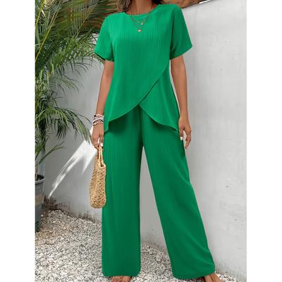 Casual Solid Suit Women Ashion Round Neck Short Sleeve Irregular Split Top Elastic Waist Trousers Two Piece Set