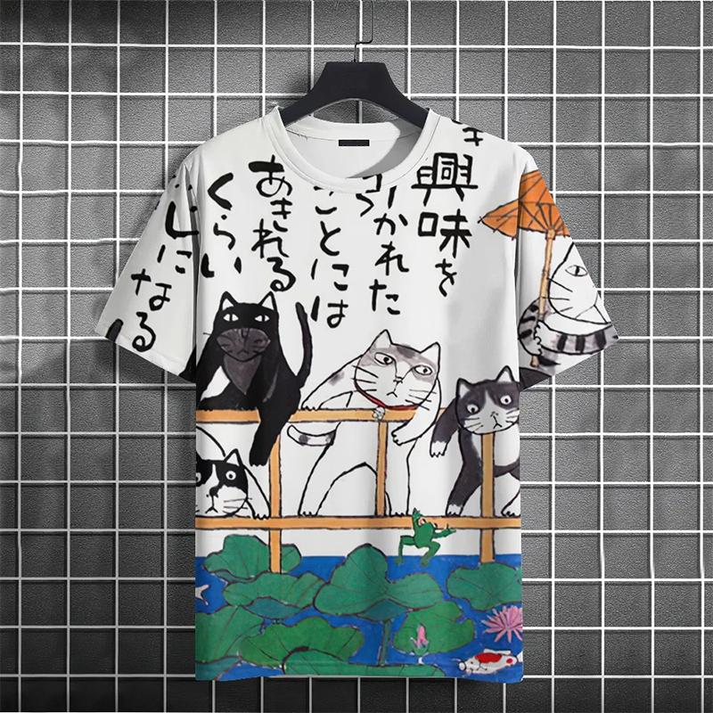 Summer Round Neck 3D Funny Cat Print Top Fashionable Casual Short Sleeved Men's T-shirts