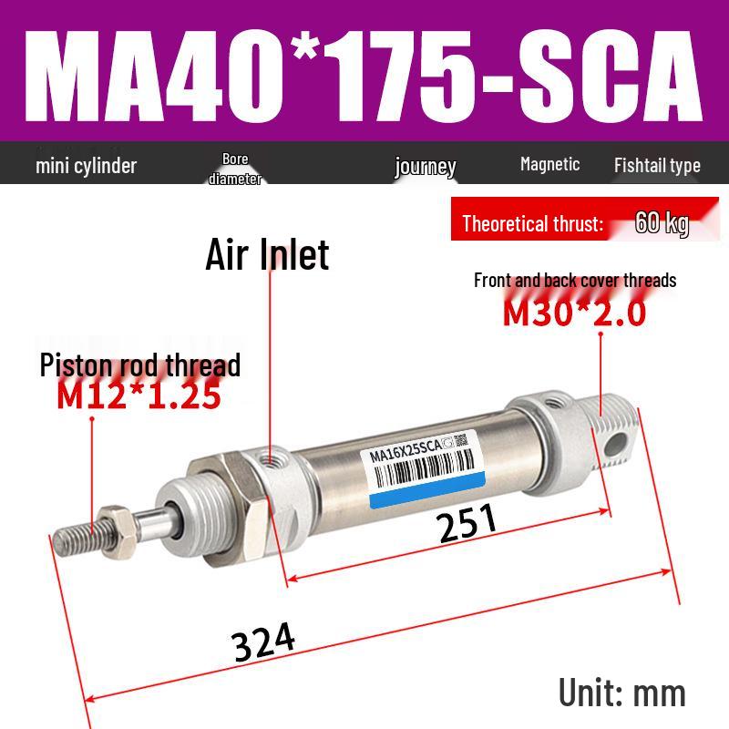 Mini Stainless Steel Pneumatic Cylinder MA Series (16-40mm Bore, 50-200mm Stroke)