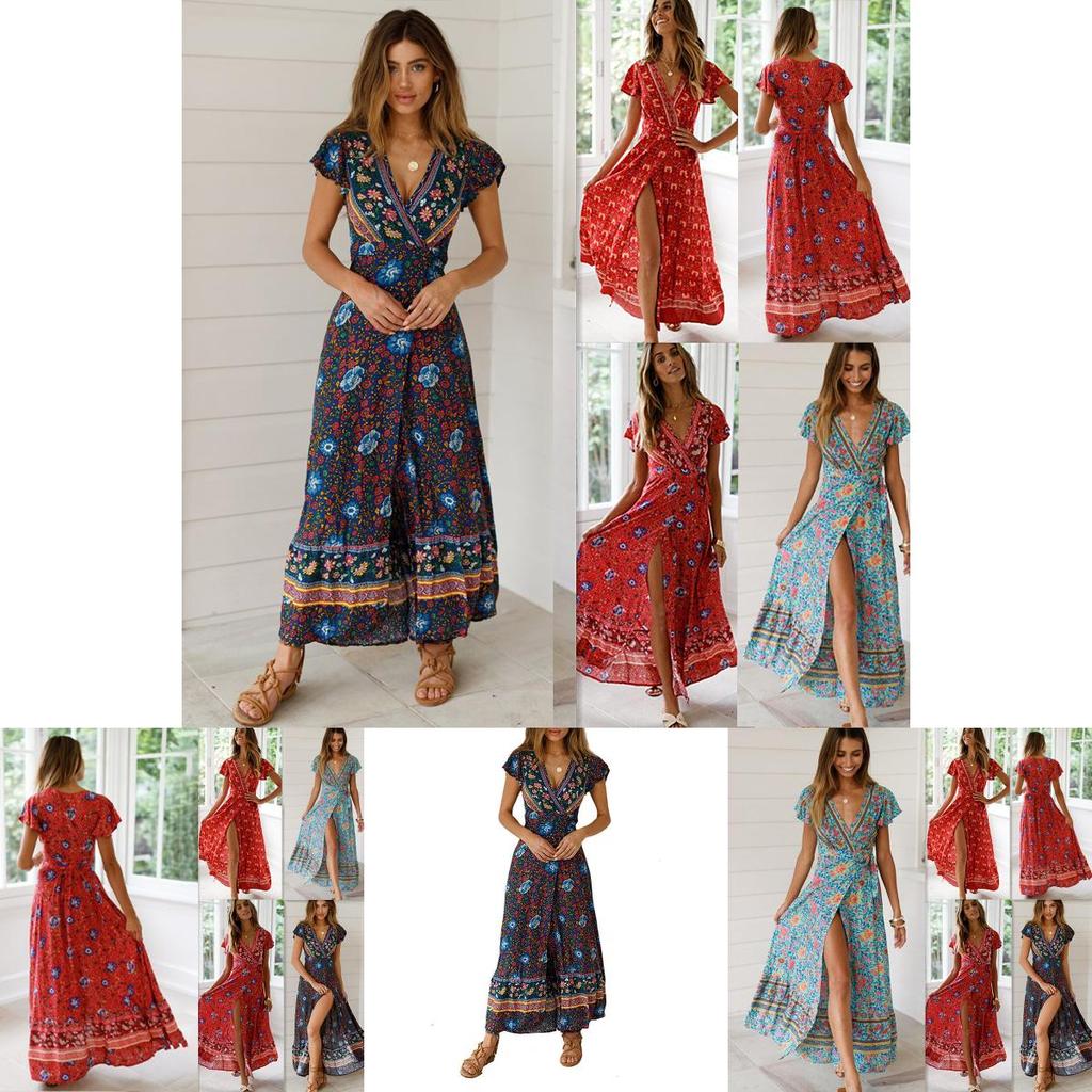 Elegant Women Wrap Summer Boho Floral Short Sleeve Maxi Print Dress For Holidays