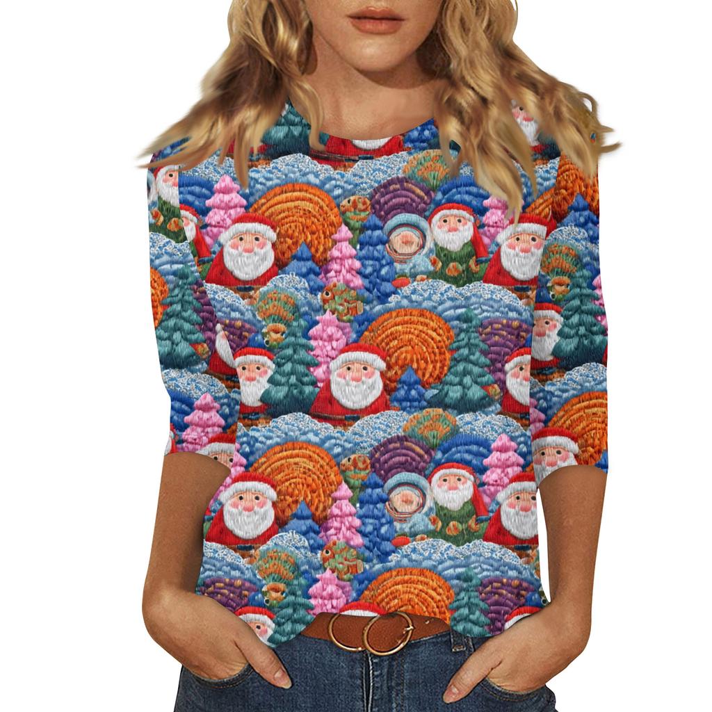 Women's fashionable casual three quarter sleeve Christmas printed round neck top