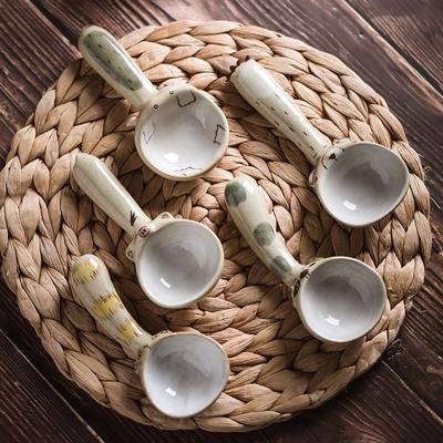 Japan Creative Handmade Ceramic Spoon Korean Cartoon Animal Short Handle Spoon Clay Tableware Dessert Ice Cream Small Soup Scoop