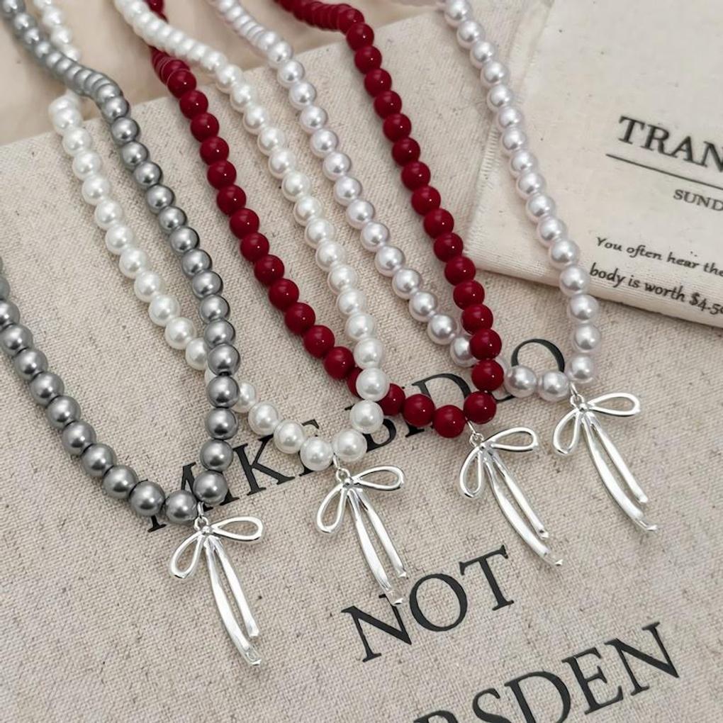 Women's 4-color Antique Pearl Ribbon Chain Necklace