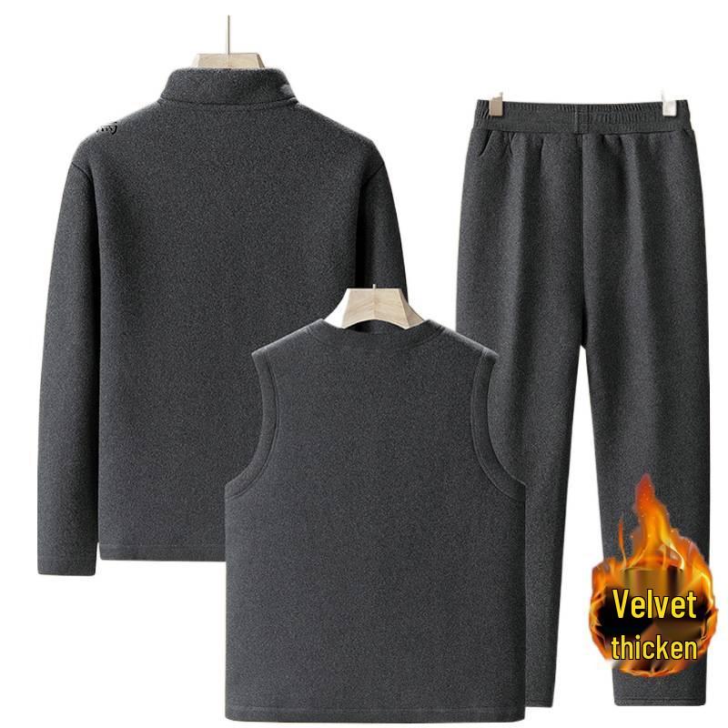 Woodpecker Dad Winter Fleece-Lined Men's Three-Piece Set: Thickened Cotton Coat, Vest, and Cardigan Jacket for Middle-Aged and Elderly.