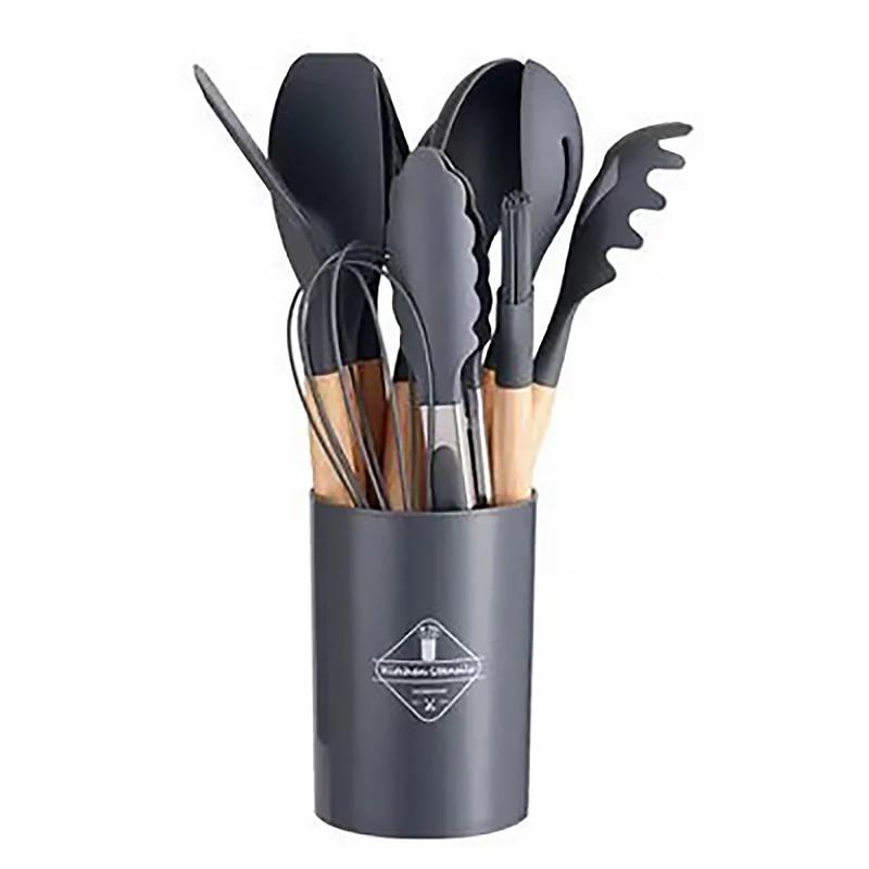 12Pcs/Set Utensílios de cozinha de silicone com alça de madeira balde resistente a altas temperaturas e antiaderente panela espátula colher