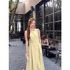 Send a small backpack, design jewelry, pure and gentle yellow dress, women's summer round neck waist and thin a-word long dress