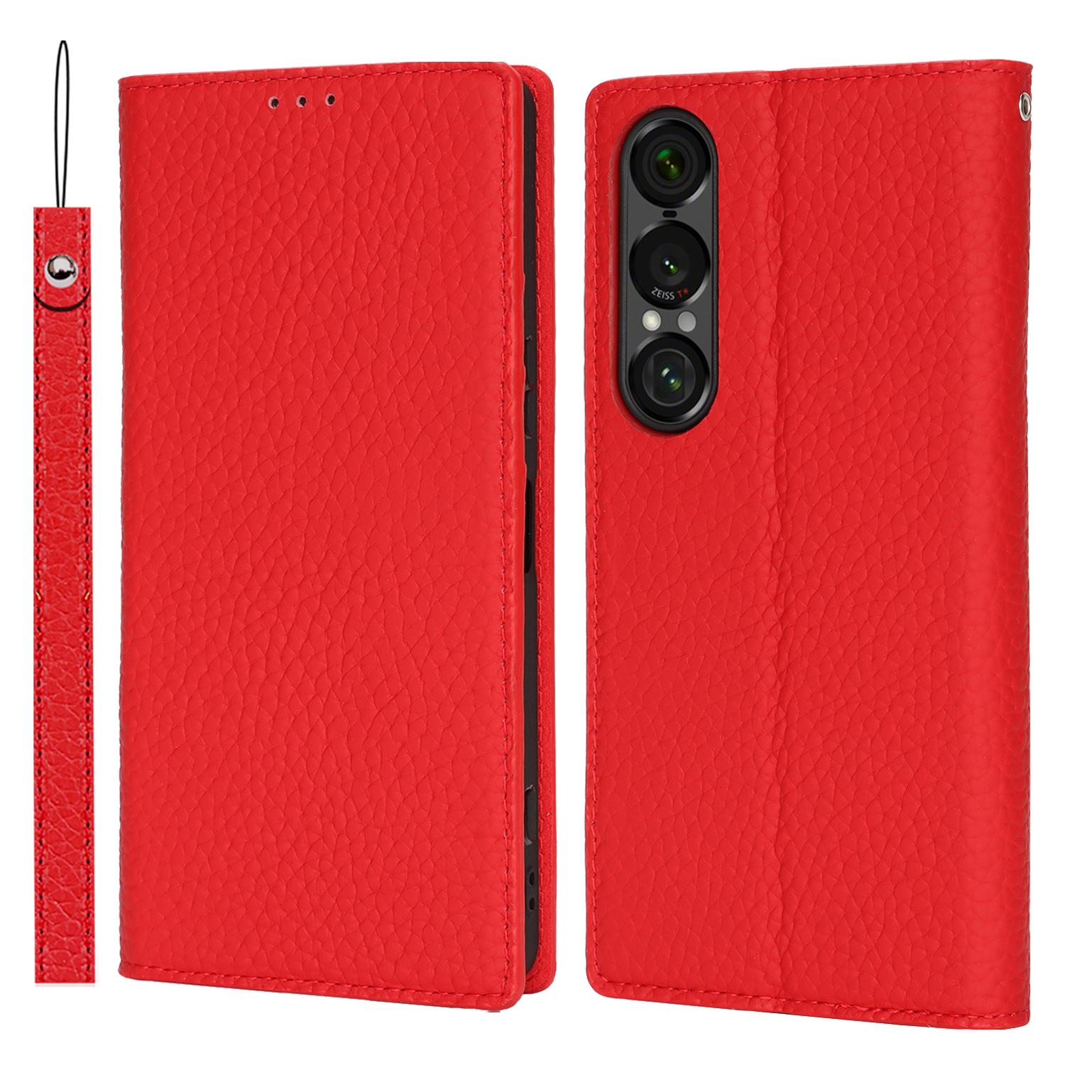 

Для Sony Xperia 1 VII Чохол-гаманець Чохол для телефону з натуральної коров ячої шкіри Текстура лічі Red