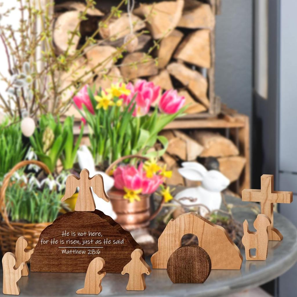 10 ks Dřevěná dekorace velikonoční scény Sada scény Velikonoční hrob Vzkříšení Dřevěná velikonoční dekorace hrobu Sada Narození Křesťanská figurka pro domácí kancelář