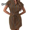 Dam Sommar Mini Klänning V-hals Ärmlös Midjeåtsittande Knytdetaljer Kort Klänning Vertikalt Randigt Tryck Kontorssemesterklänning