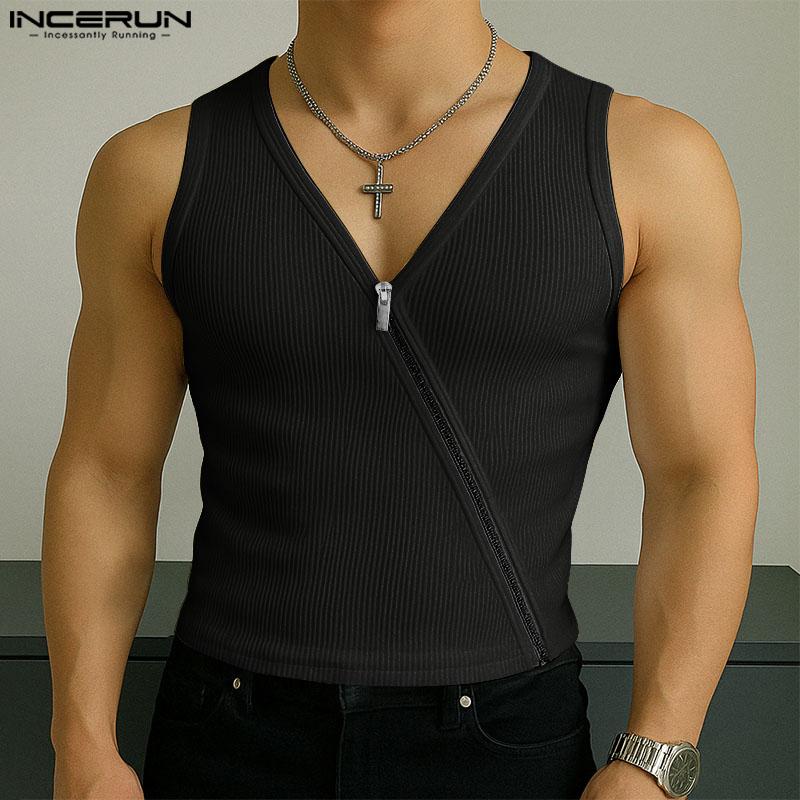 INCERUN Men V Neck Sleeveless Zip-up Casual Fitted Rib Tank Tops