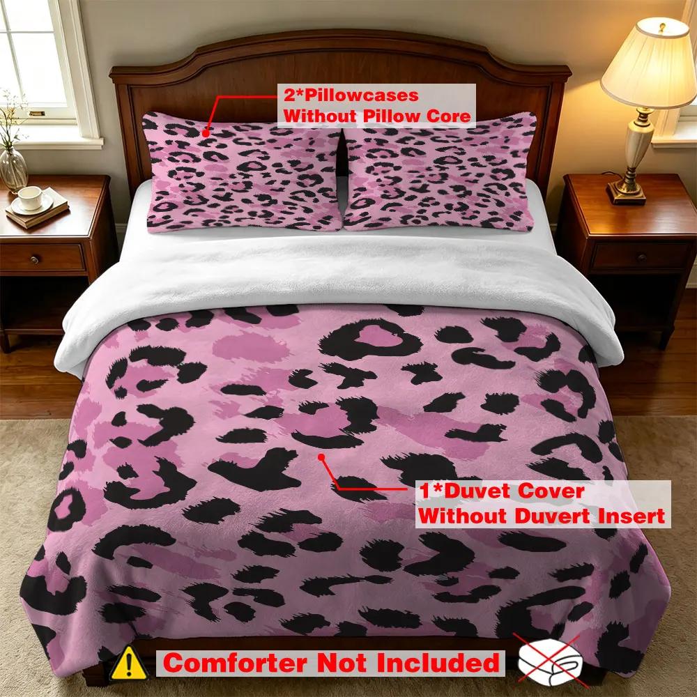 Pink Leopard Print Milk Velvet Bedding Set 3Pcs Soft Warm Duvet Cover Set Animal Pattern Queen King Size