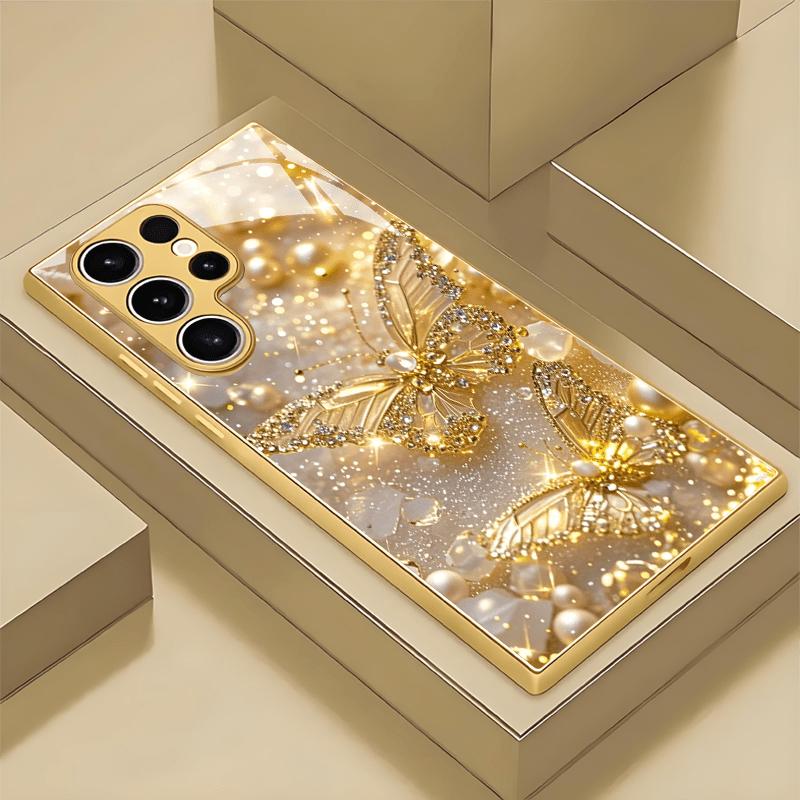 Golden Butterfly Pearl Patterned Glass Phone Case Suitable for Samsung GalaxyS26 S25 S24 S23 S22 S21 S20 FE/Ultra/Plus Anti Drop