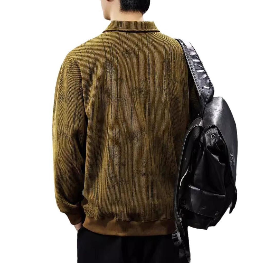 Spring And Autumn Texture Heavy Knitted Sweater Men'S American Printed Paul Shirt Autumn Loose Long Sleeve Polo Shirt