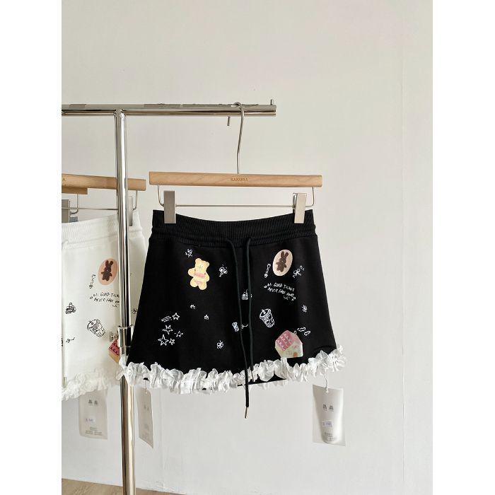 Korean Graffiti Lace Patchwork Slim Skirt for Petite Women Small чёрный