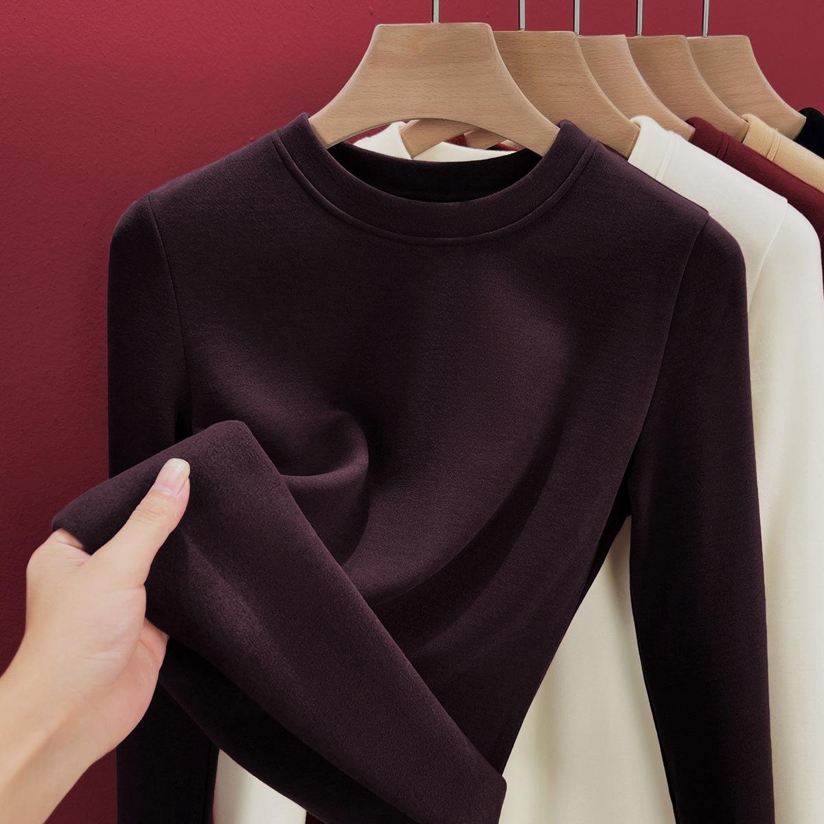 

Зимняя шерстяная шелковая футболка с круглым вырезом для женщин, осенняя одежда, термобелье, теплая бархатная с подогревом, внутренний топ с длинными рукавами M