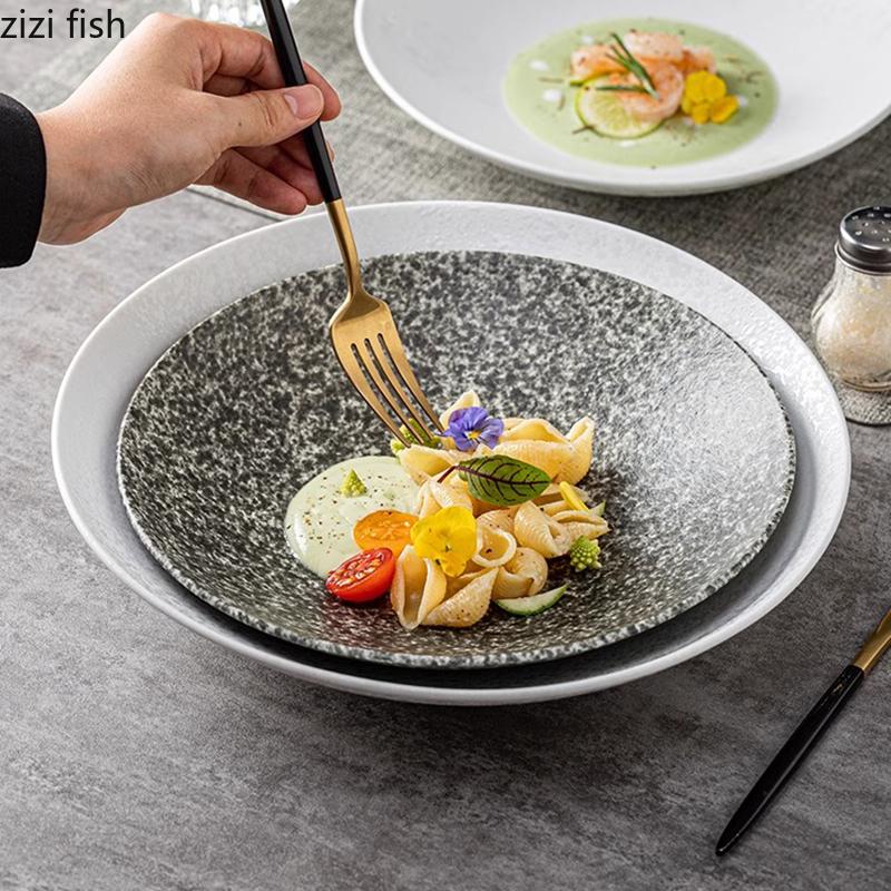 Kreativt Stengodsmönster Keramisk Djup Tallrik Restaurang Tjock Sopptallrik Salladstallrik Pastatallrikar Serveringstallrikar Utvald Servis