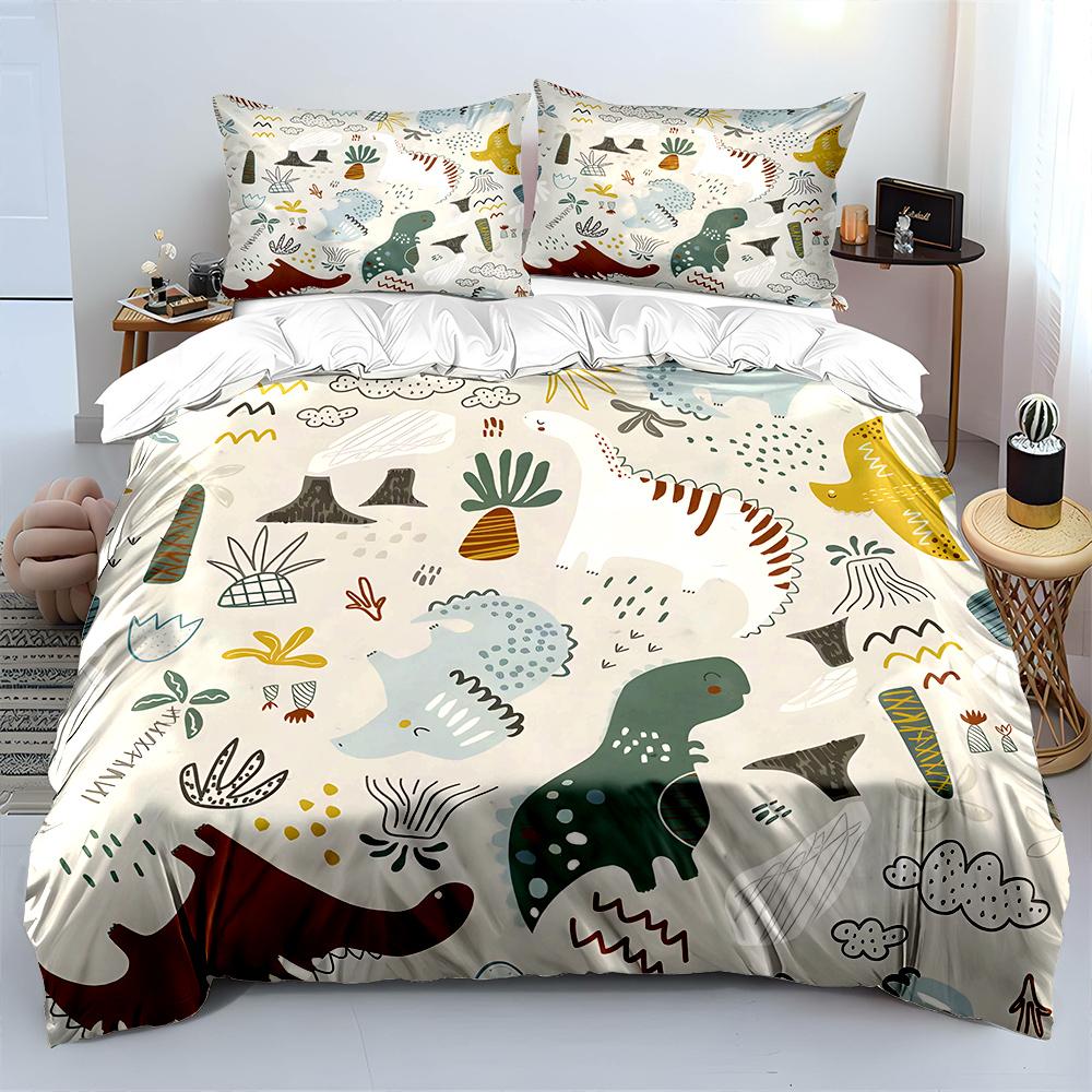 Cartoon Dinosaur and Plant Pattern Print Soft Comfortable Duvet Cover Bedding Set Included 1*Duvet Cover 2*Pillowcases