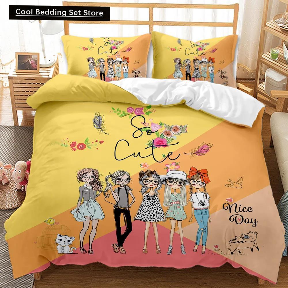 Girl Duvet Cover Set Pink Fashion Girl Sister Flowers Bedding Set Kids Girls Theme Double Queen King Size Polyester Qulit Cover