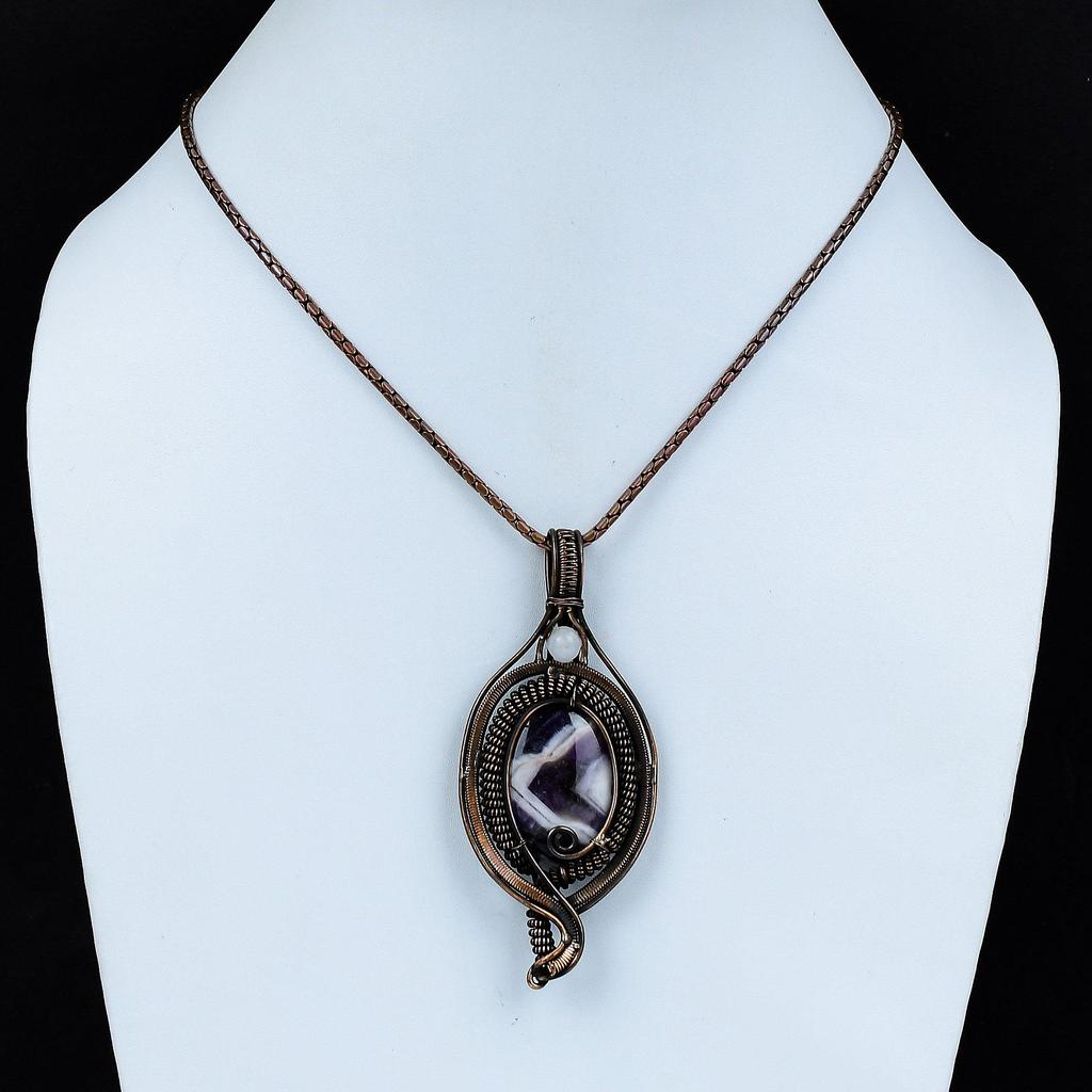 Chevron Amethyst, Moonstone Gemstone Pure Copper Wire Wrapped Designer Handmade Pendant Jewelry For Gift