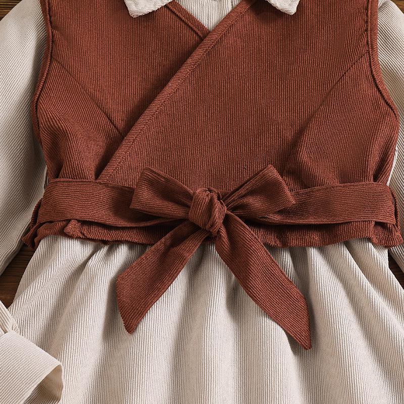 Girls' Retro Spring Suit: Belted Vest & Long-Sleeve Dress Set