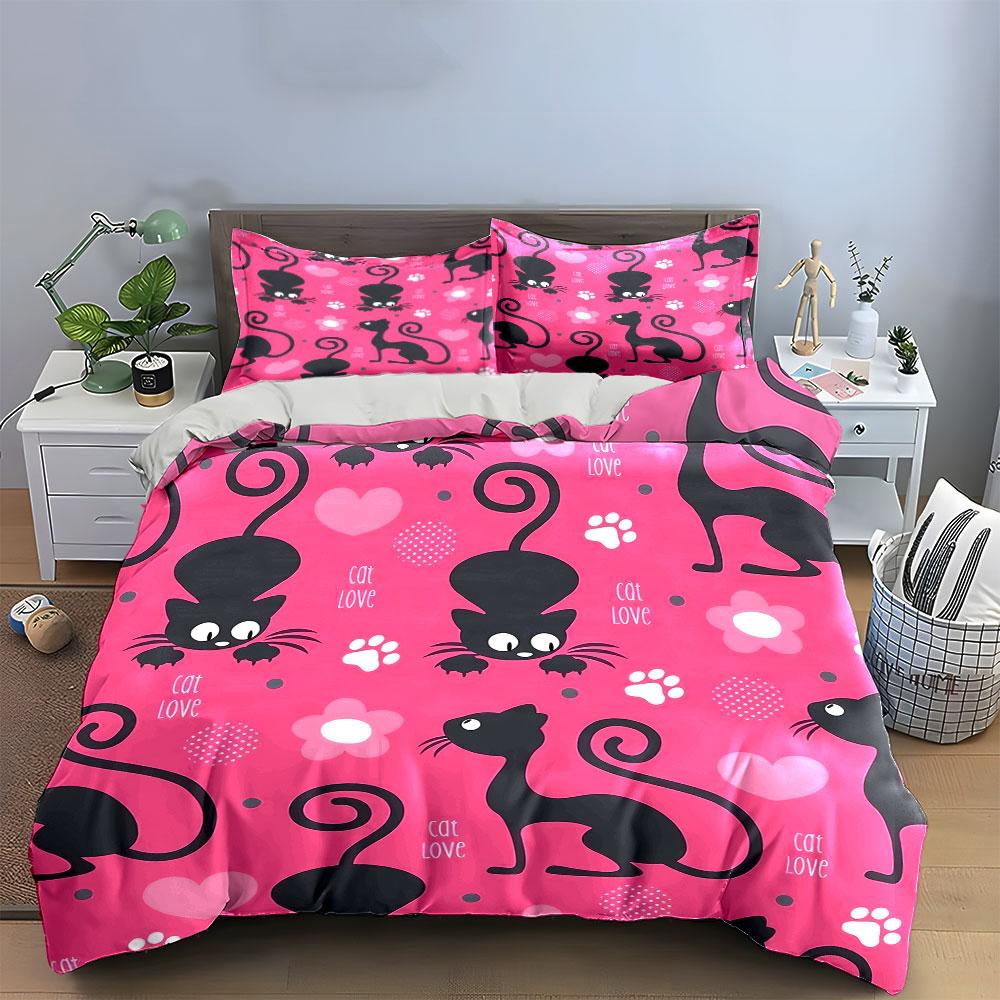 Black Cats and Pink Hearts Bedding Duvet Cover Set Duvet Cover Pillowcases  (1*Duvet Cover 2*Pillowcases, Without Duvet Insert)