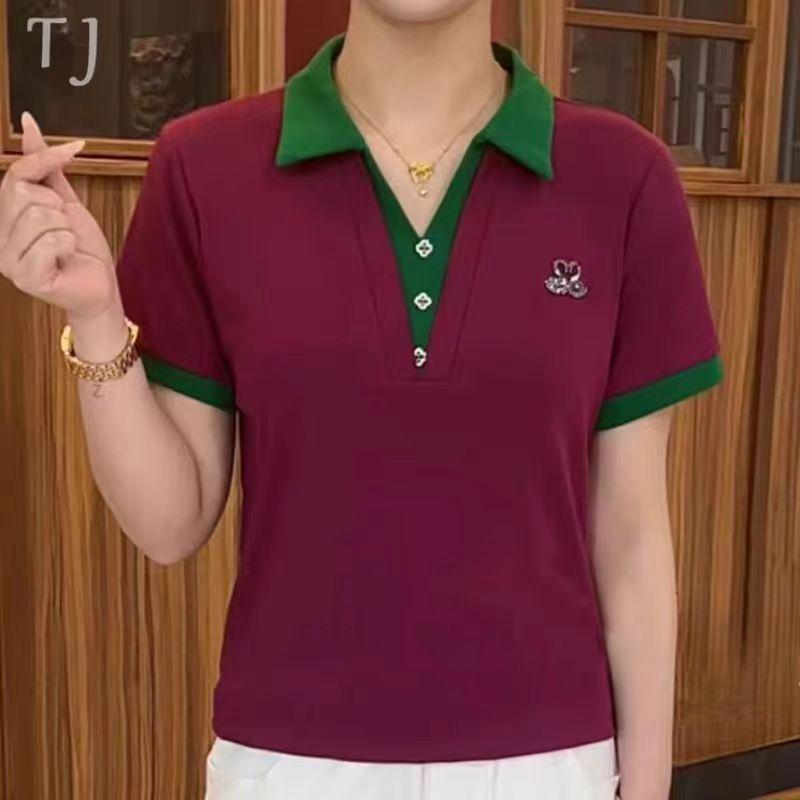 New Summer Short-sleeved Women's T-shirt Temperament Contrasting Shirt for Women Casual and Versatile Slim Top for Women