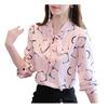 Damen Digitaldruck Langarm Bluse Top Knöpfe Manschette Krawatte Schleife Pullover