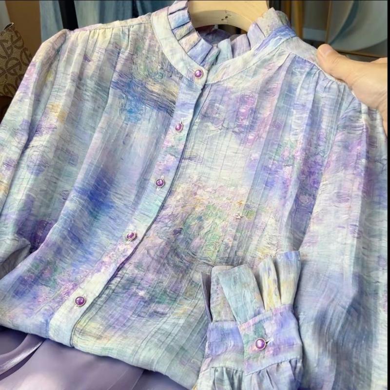 Smudge-dye Stand-up Collar Long-sleeved Shirt for Women New Autumn Design Slimming Top