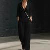 Women's Summer 2 Piece Sets Casual Half Sleeve V Neck Buttons Top And Wide Leg Pants Lounge Outfits with