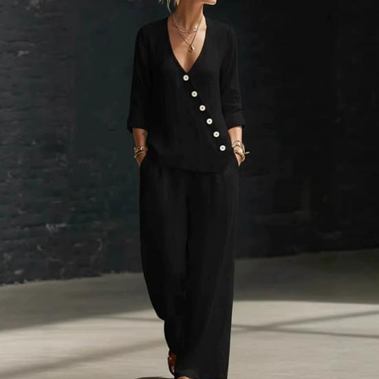 Women's Summer 2 Piece Sets Casual Half Sleeve V Neck Buttons Top And Wide Leg Pants Lounge Outfits with