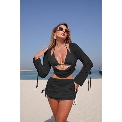 New Sexy Four Pieces Bikini Sets Swimsuit For Women Mesh Long Sleeve Swimwear Female Bathing Suit Beachwear Swimming Suit