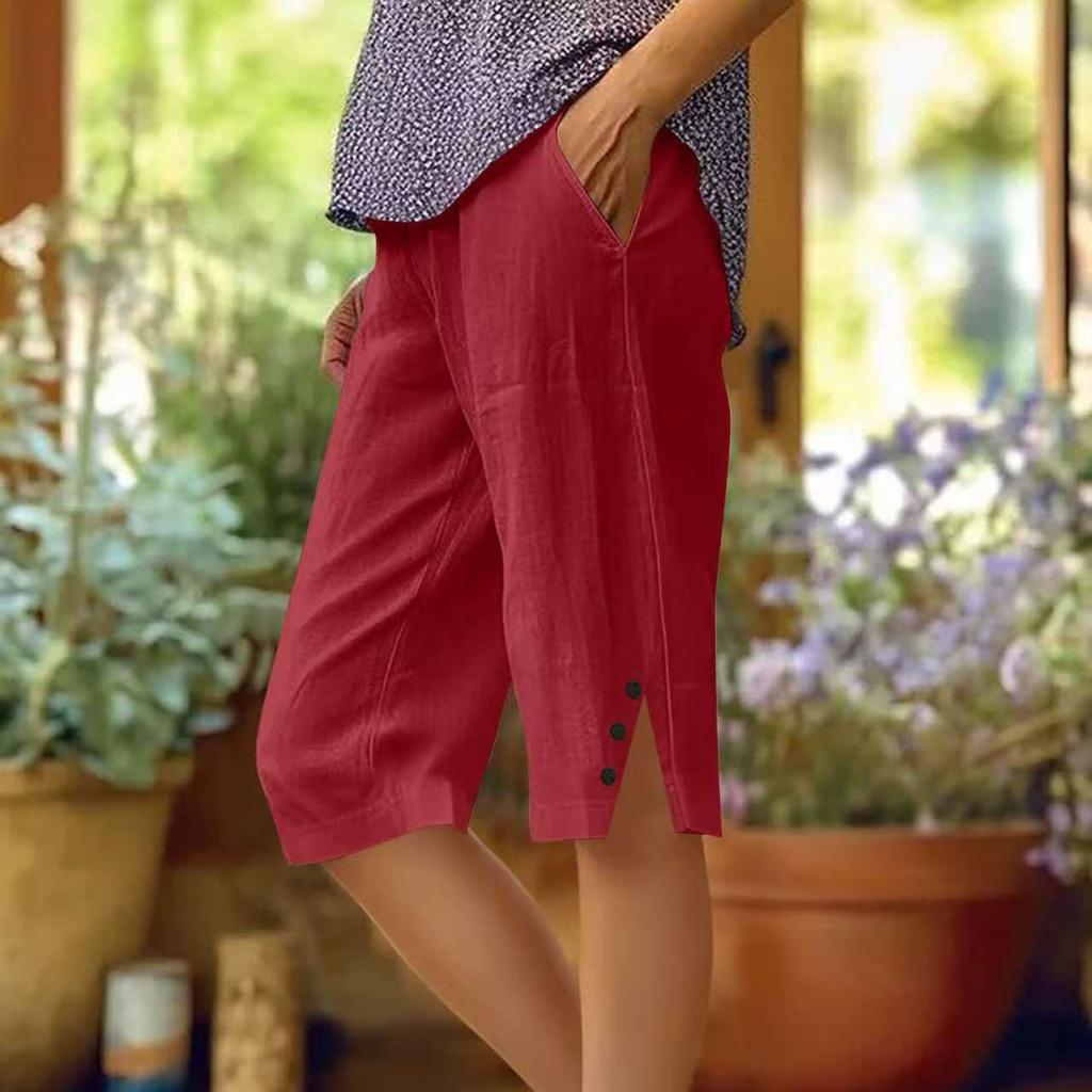 Women's Linen Blend Casual Capri Pants Elastic Waist Cropped Trousers with Side Buttons