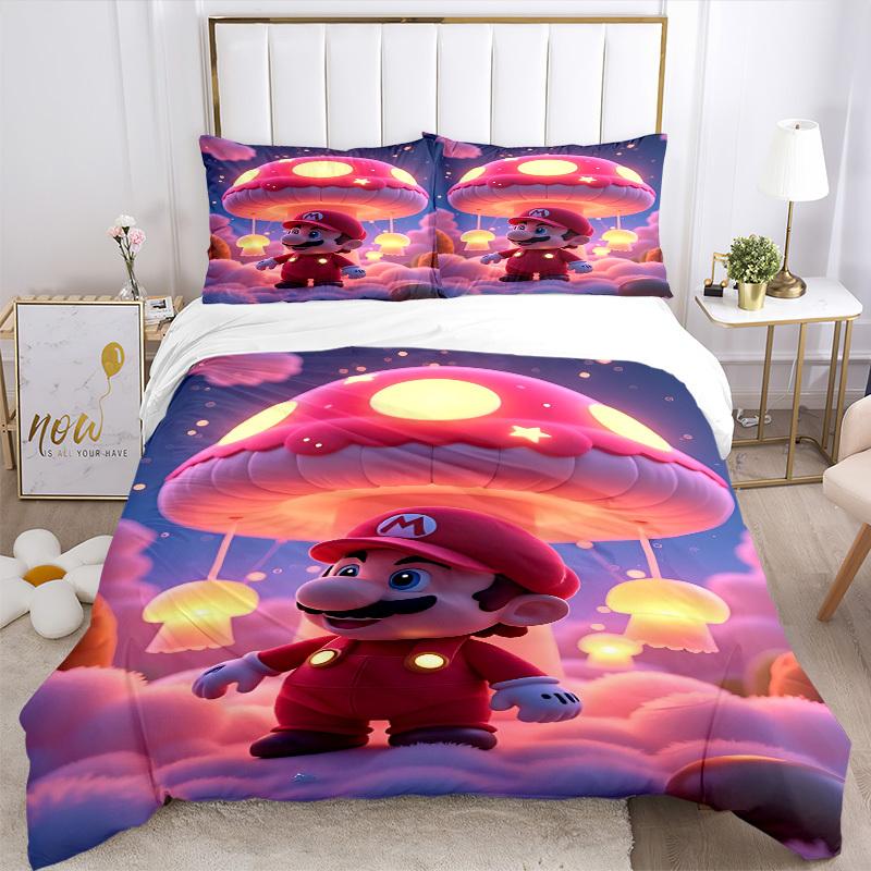 3pcs Mushroom, Mario Cover Set, 1 Cover + 2 Pillowcases (No Insert), Bedding for All Seasons, Bedding,Bedroom Decor yy250922002