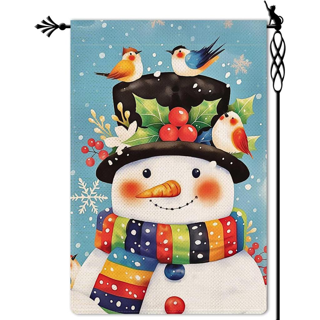 Happy Winter Snowman Garden Flag Colorful Small Birds Garden Flag Christmas Gift Snowflake Vertical Double Sided Rustic Farmland Yard Lawn Outdoor Dec