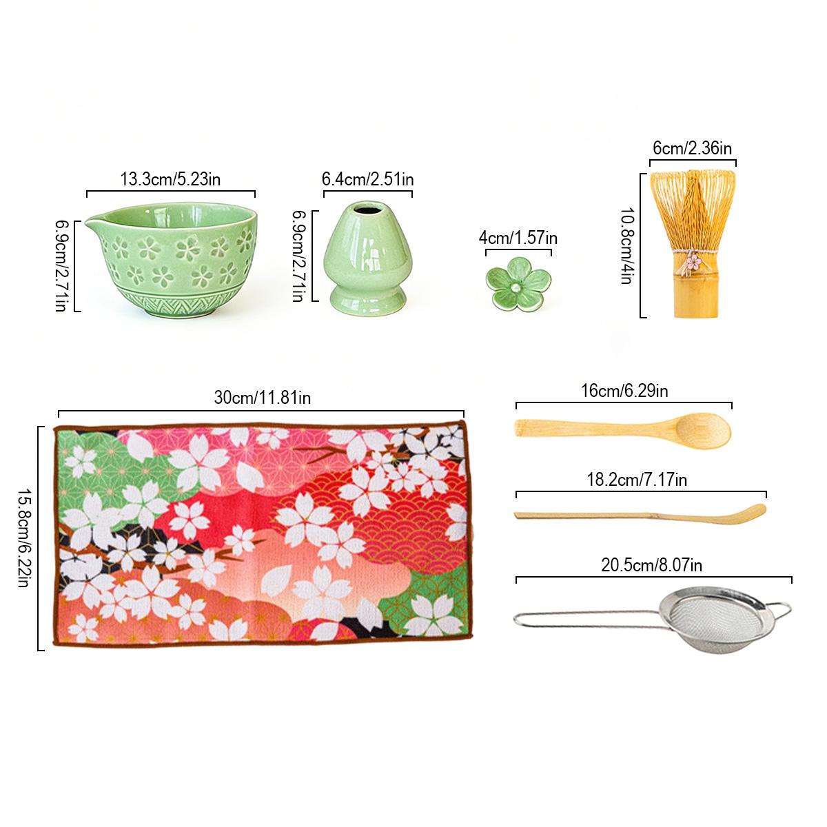 

8-Piece Green Ceramic Matcha Set, with Pouring Bowl, Matcha Whisk, Ceramic Whisk Holder , Sifter, Scoop, Scoop Stand, Table Mat светло-зеленый
