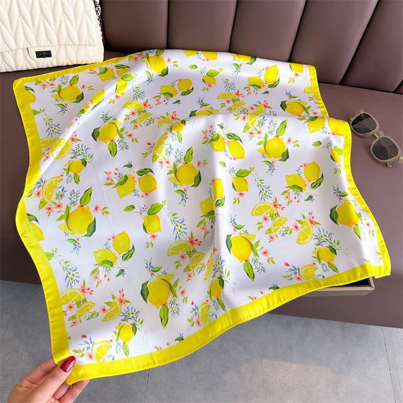 70cm Square Lemon Print Yellow Soft Satin Scarf Casual Elegant Thin Breathable Neck Women Windproof Head Wrap Hair Scarves 2025