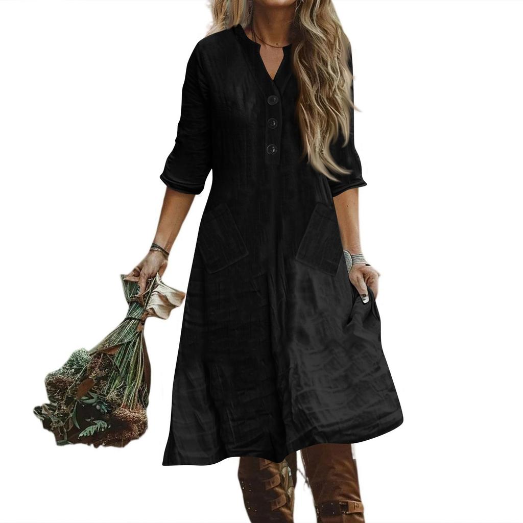 Women's Fashionable Cotton And Linen Button Solid-color Half-sleeved Loose Pocket Dress