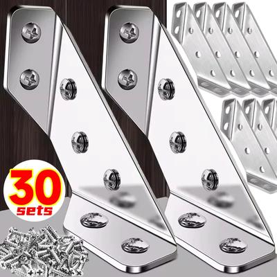 30/1set Corner Brackets Stainless Steel Furniture Angle Shelf Connector Cabinet Support Fixing Frame Corners Brace with Screws