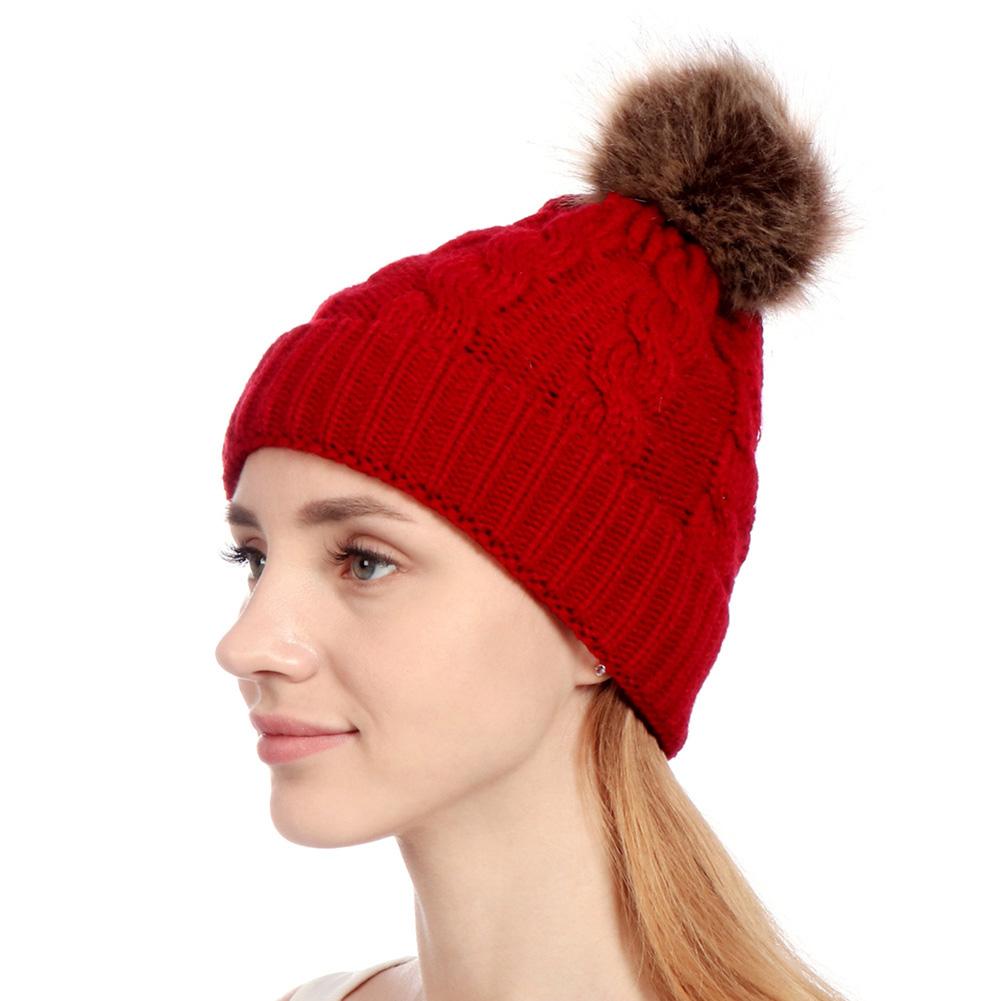 Women Knitted Cap Fashionable Solid Color Fuzzy Ball Warm Hat Cap