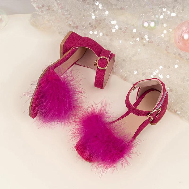Luxusní růžovo-fialové péřové sandály pro děti dívky nízký podpatek pásek kolem kotníku taneční sandály dítě čtvercová špička křišťálová přezka společenské boty