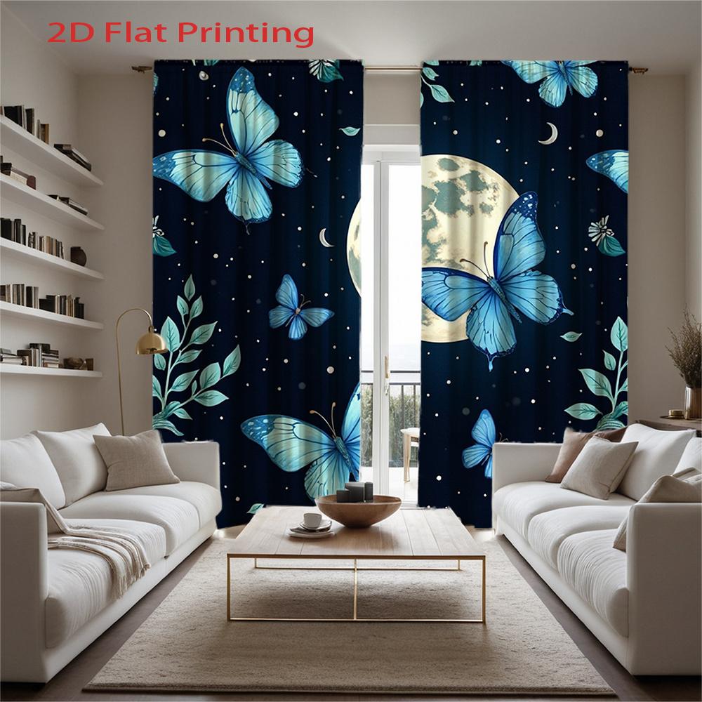 2D Flat, 2pcs Blue Butterfly Moon & Stars Night Sky Curtains with Dark Blue Leaf Pattern - Semi-Sheer Window Drapes for Living
