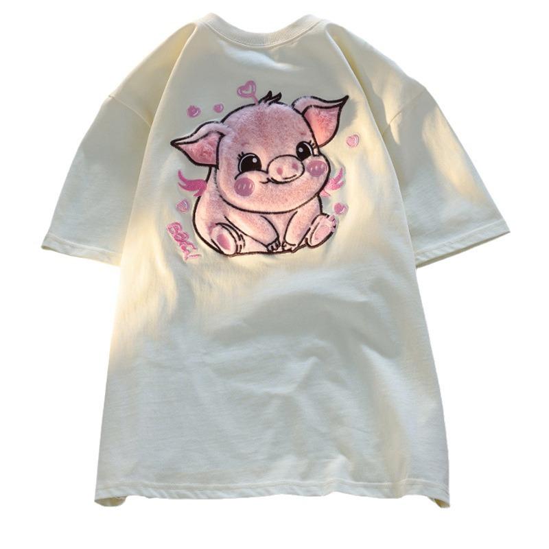 Unisex Japanese Retro Flocked Piglet Short-Sleeve T-Shirt, Niche Design, Couple's Lazy Style Half-Sleeve Top