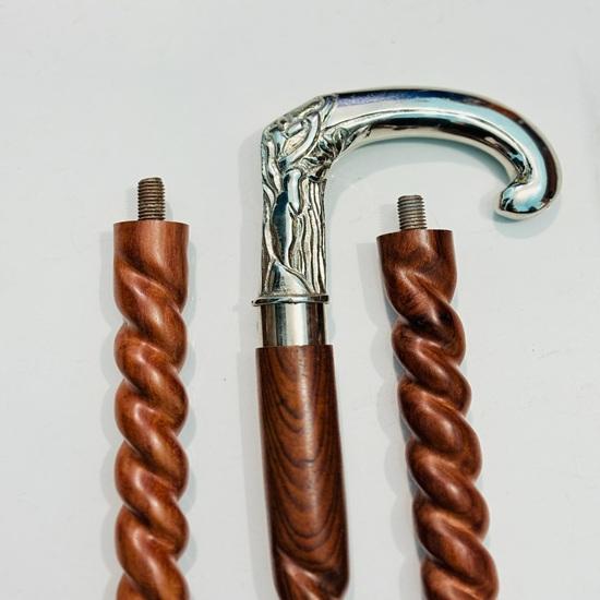 Personalized Twisted Wood Walking Cane: Silver Handle, Engraved Folding Stick Home Decor