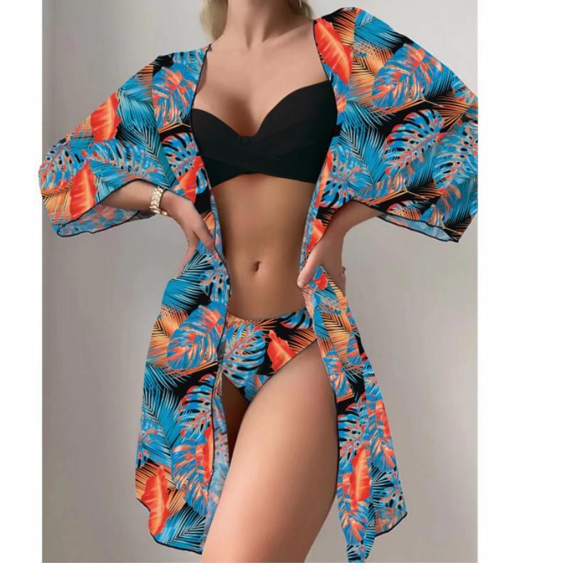 Swimsuit Women's Suspender Cardigan Three-piece Bikini Sunscreen Blouse Split High Waist Swimsuit